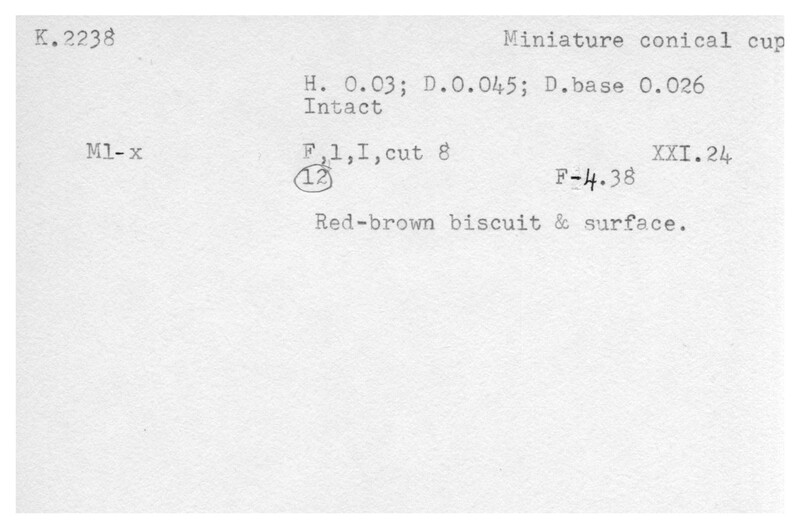 Index card with typed and handwritten information, sometimes including a sketch, of pottery from an excavation.