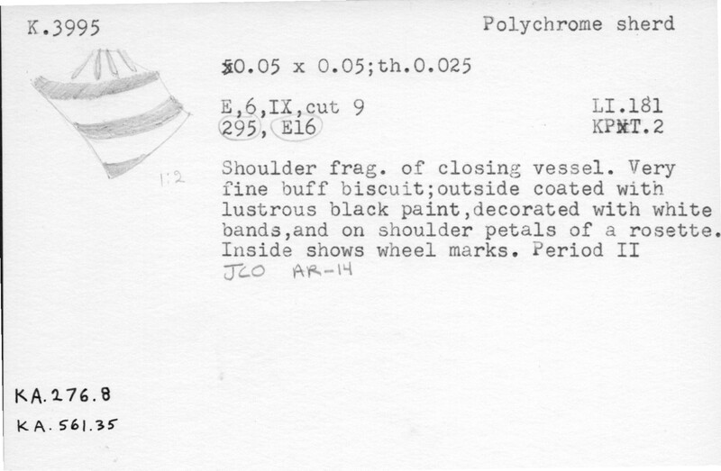 Index card with typed and handwritten information, sometimes including a sketch, of pottery from an excavation.