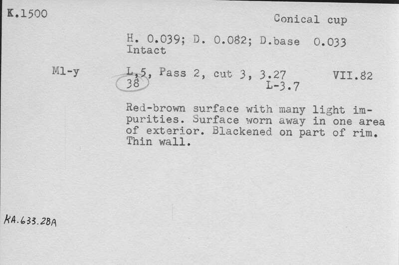 Index card with typed and handwritten information, sometimes including a sketch, of pottery from an excavation.