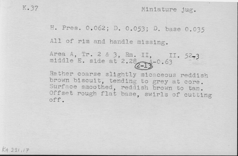 Index card with typed and handwritten information, sometimes including a sketch, of pottery from an excavation.