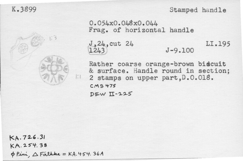 Index card with typed and handwritten information, sometimes including a sketch, of pottery from an excavation.