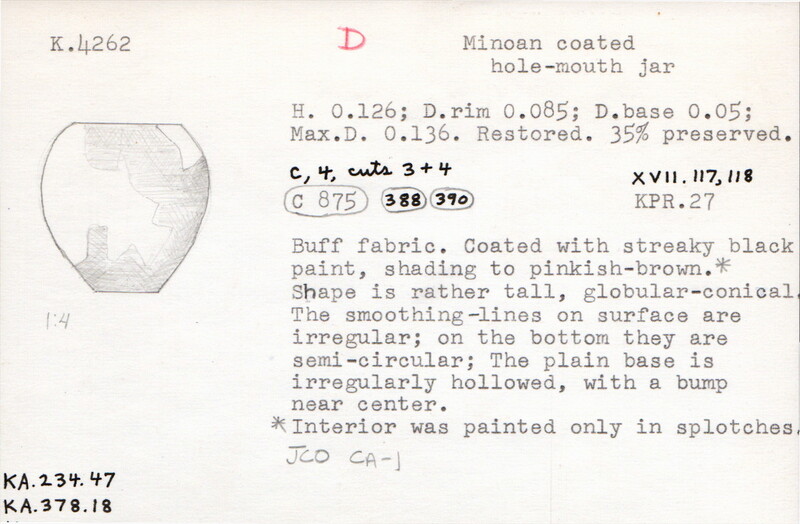Index card with typed and handwritten information, sometimes including a sketch, of pottery from an excavation.