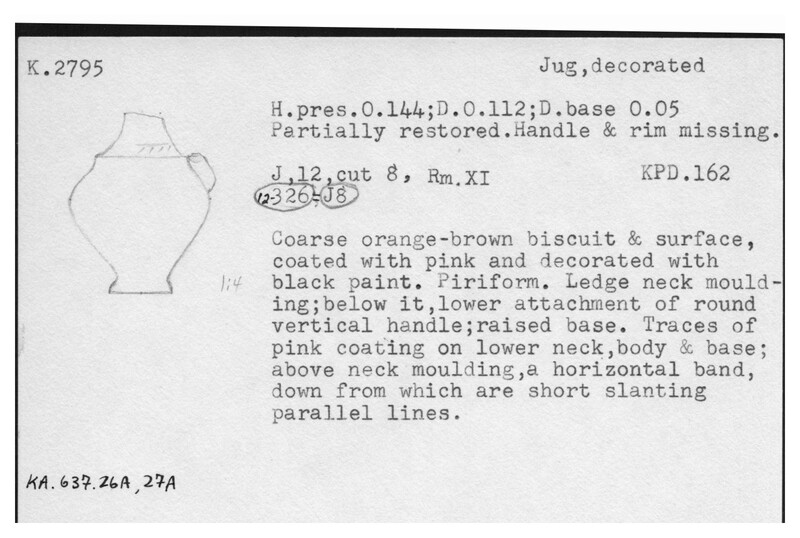 Index card with typed and handwritten information, sometimes including a sketch, of pottery from an excavation.