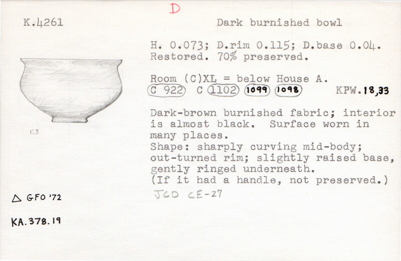 Index card with typed and handwritten information, sometimes including a sketch, of pottery from an excavation.
