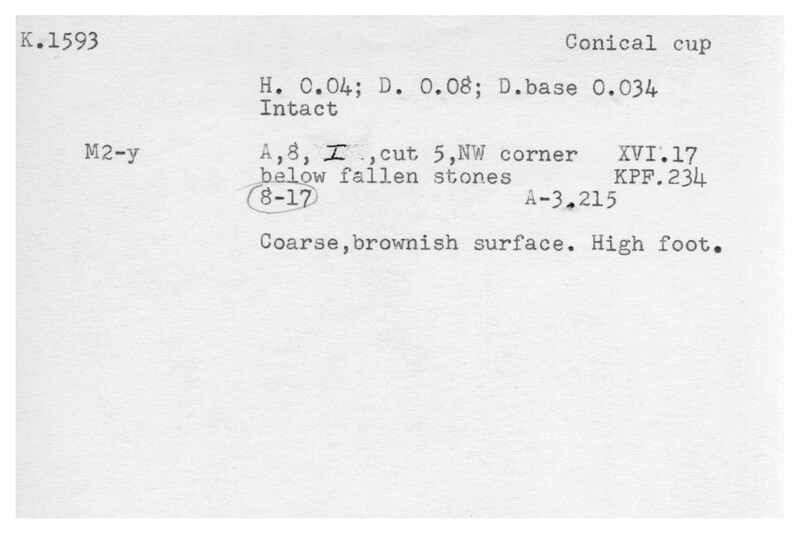 Index card with typed and handwritten information, sometimes including a sketch, of pottery from an excavation.