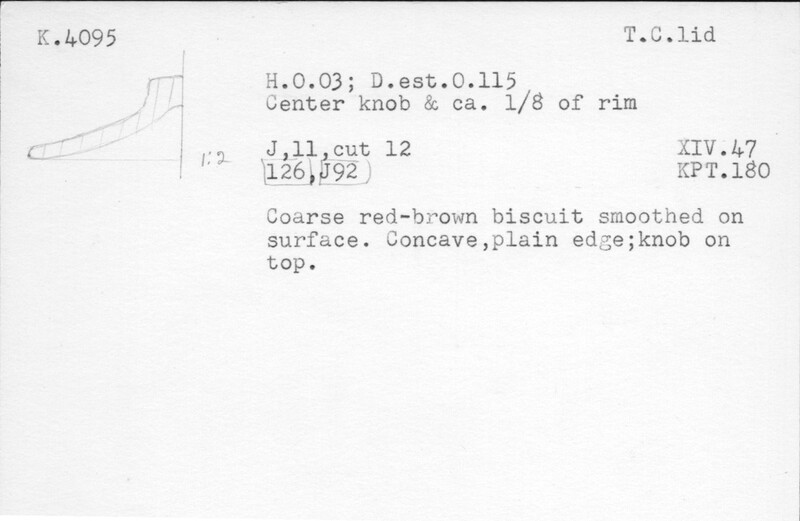 Index card with typed and handwritten information, sometimes including a sketch, of pottery from an excavation.