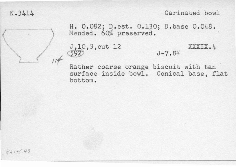 Index card with typed and handwritten information, sometimes including a sketch, of pottery from an excavation.