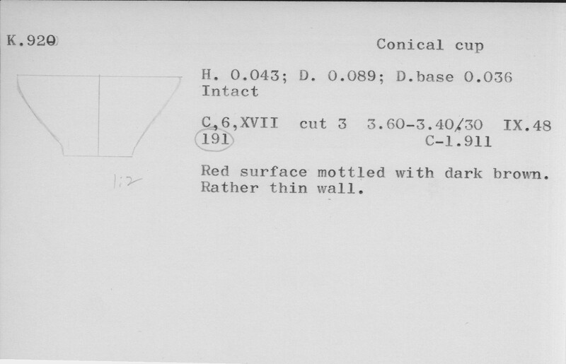 Index card with typed and handwritten information, sometimes including a sketch, of pottery from an excavation.