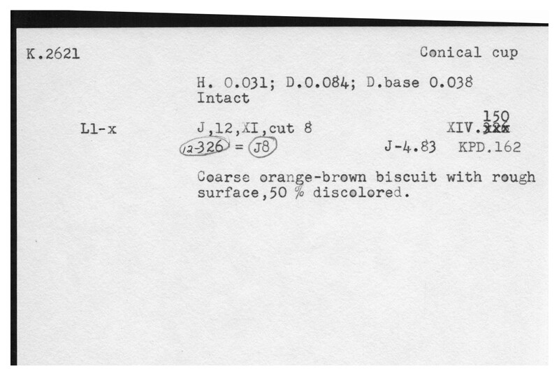 Index card with typed and handwritten information, sometimes including a sketch, of pottery from an excavation.