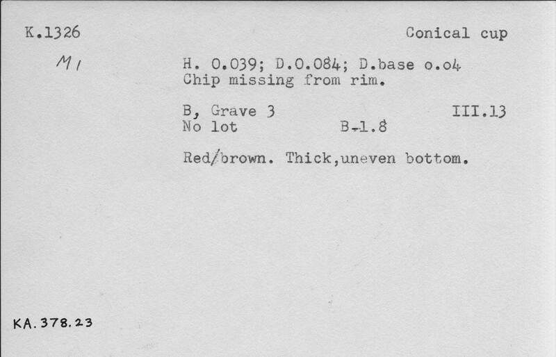 Index card with typed and handwritten information, sometimes including a sketch, of pottery from an excavation.