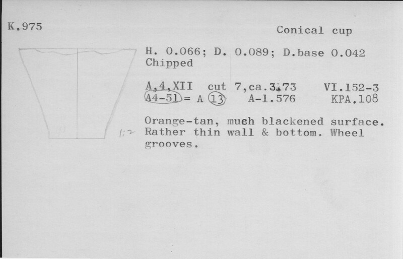 Index card with typed and handwritten information, sometimes including a sketch, of pottery from an excavation.