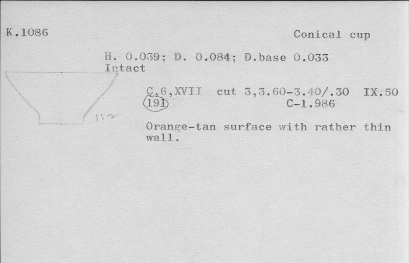 Index card with typed and handwritten information, sometimes including a sketch, of pottery from an excavation.