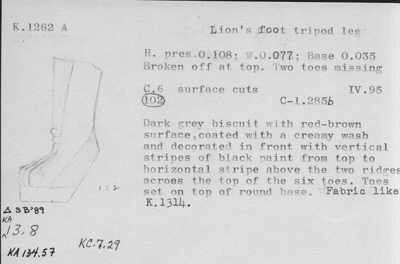 Index card with typed and handwritten information, sometimes including a sketch, of pottery from an excavation.