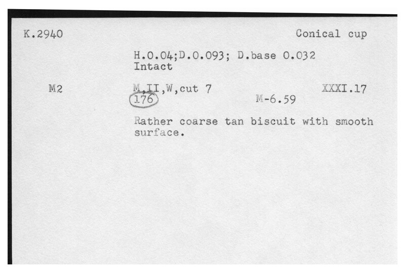 Index card with typed and handwritten information, sometimes including a sketch, of pottery from an excavation.