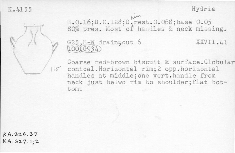 Index card with typed and handwritten information, sometimes including a sketch, of pottery from an excavation.