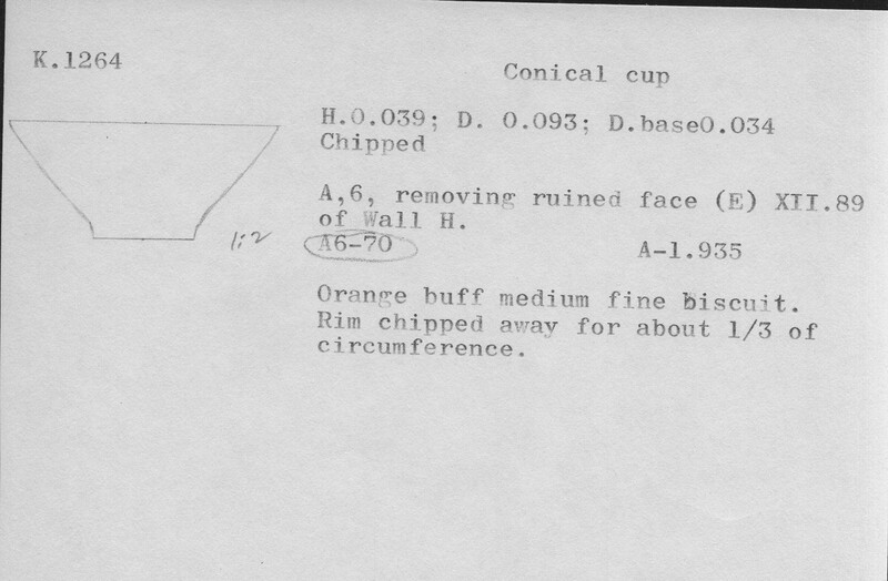 Index card with typed and handwritten information, sometimes including a sketch, of pottery from an excavation.