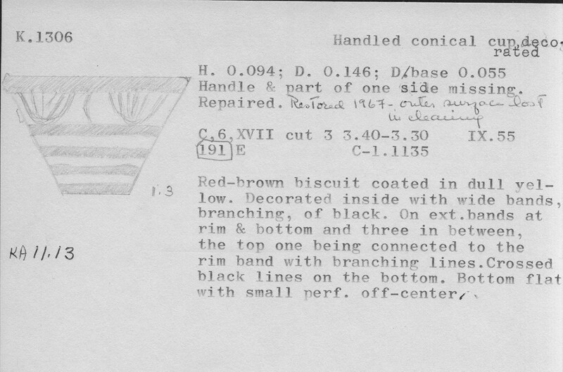 Index card with typed and handwritten information, sometimes including a sketch, of pottery from an excavation.