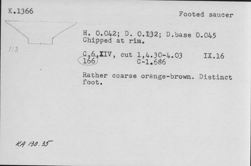 Index card with typed and handwritten information, sometimes including a sketch, of pottery from an excavation.