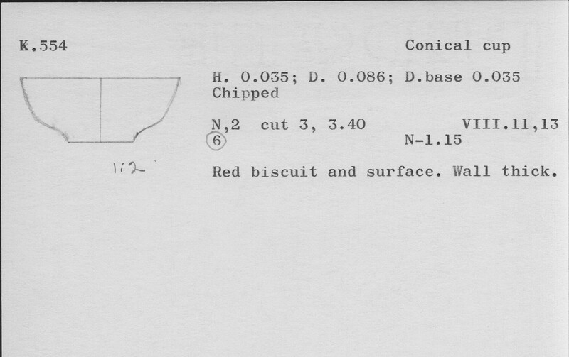 Index card with typed and handwritten information, sometimes including a sketch, of pottery from an excavation.