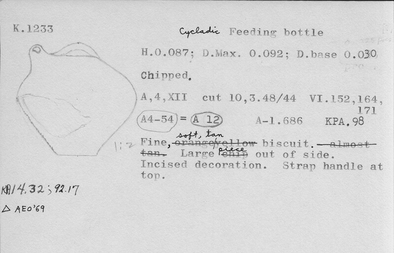 Index card with typed and handwritten information, sometimes including a sketch, of pottery from an excavation.