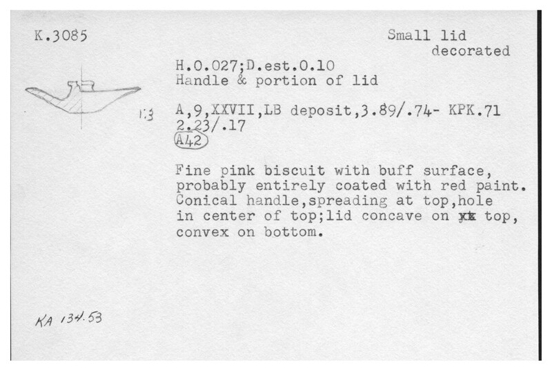 Index card with typed and handwritten information, sometimes including a sketch, of pottery from an excavation.