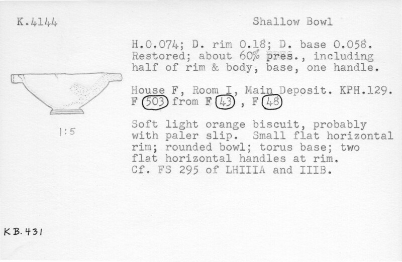 Index card with typed and handwritten information, sometimes including a sketch, of pottery from an excavation.