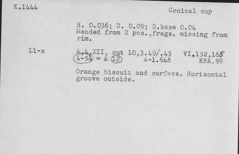 Index card with typed and handwritten information, sometimes including a sketch, of pottery from an excavation.