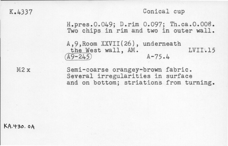 Index card with typed and handwritten information, sometimes including a sketch, of pottery from an excavation.