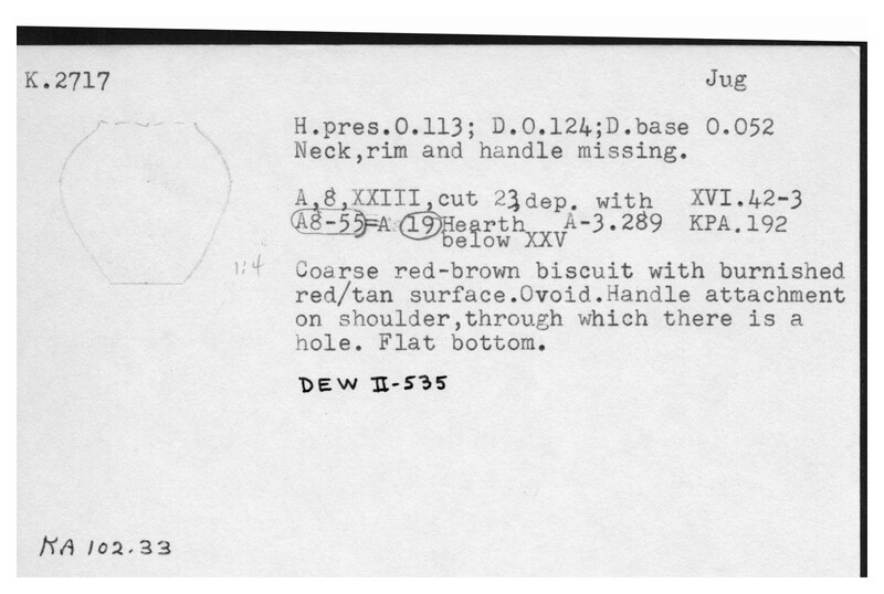 Index card with typed and handwritten information, sometimes including a sketch, of pottery from an excavation.
