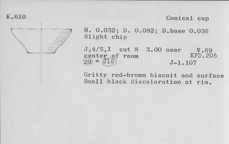 Index card with typed and handwritten information, sometimes including a sketch, of pottery from an excavation.