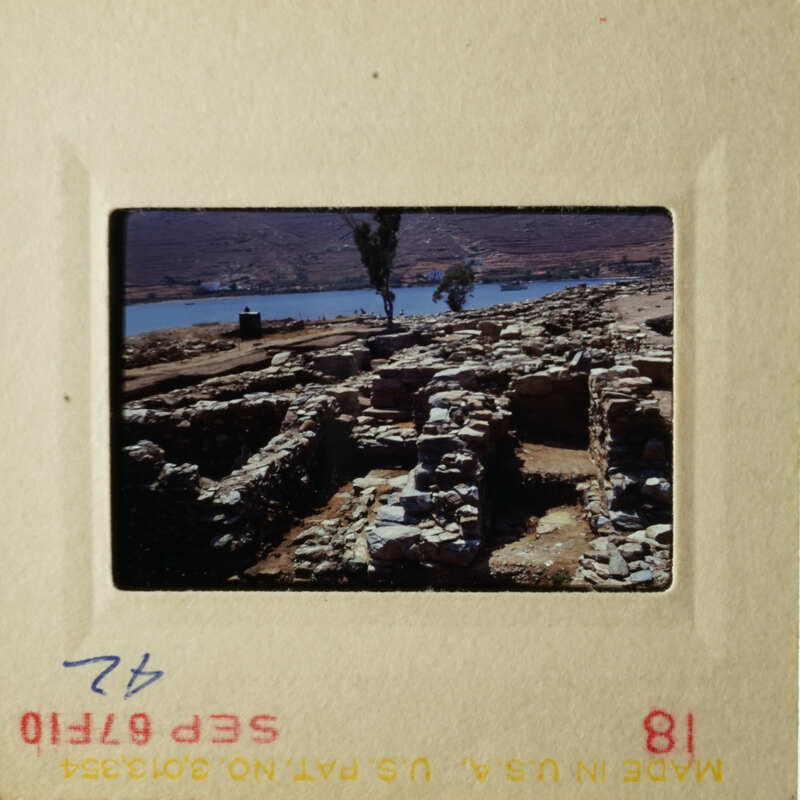 Two photos depicting ancient ruins with water and trees in the background.