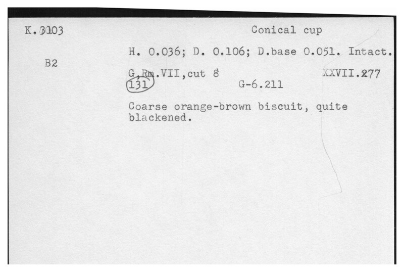 Index card with typed and handwritten information, sometimes including a sketch, of pottery from an excavation.