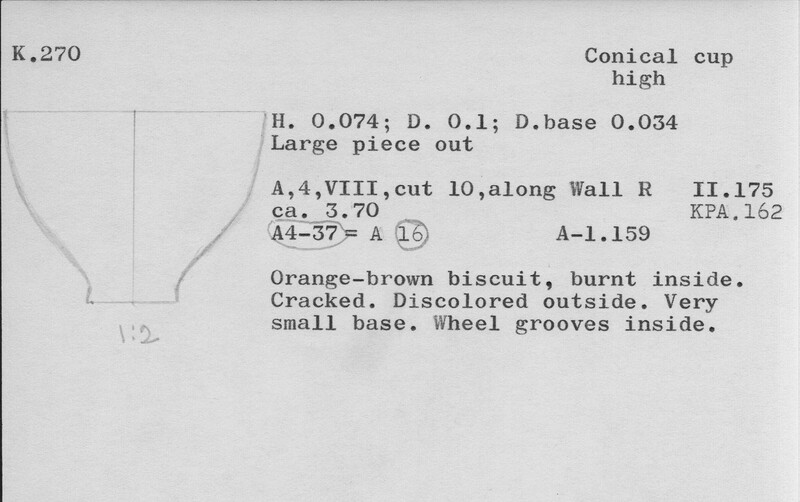 Index card with typed and handwritten information, sometimes including a sketch, of pottery from an excavation.