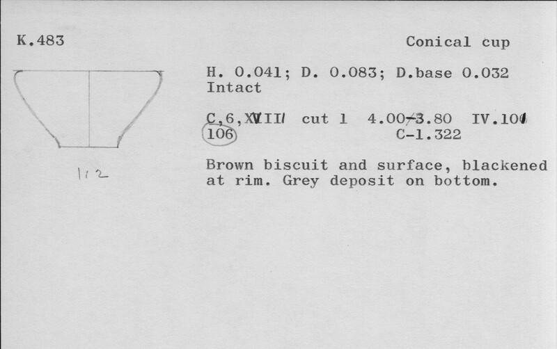 Index card with typed and handwritten information, sometimes including a sketch, of pottery from an excavation.