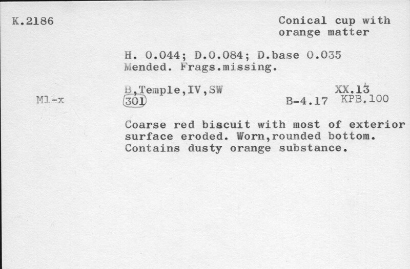 Index card with typed and handwritten information, sometimes including a sketch, of pottery from an excavation.