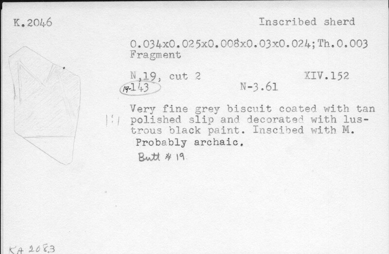 Index card with typed and handwritten information, sometimes including a sketch, of pottery from an excavation.