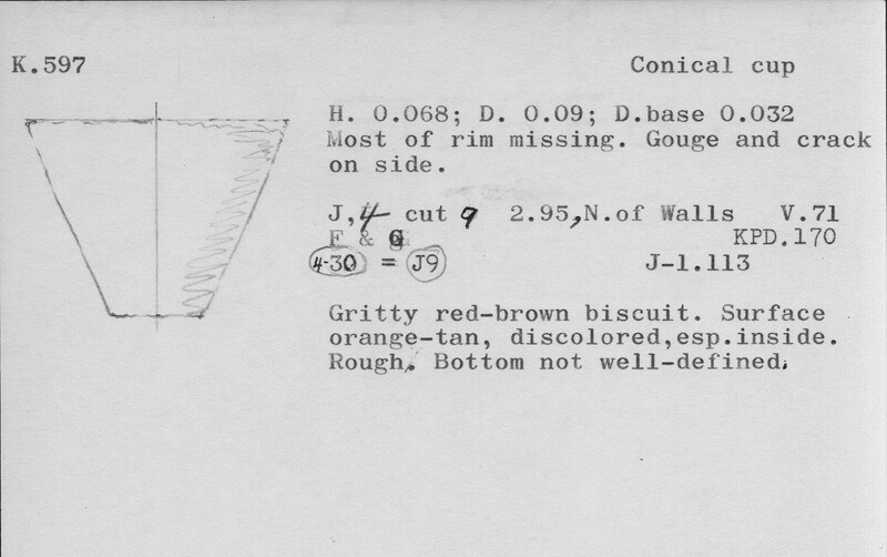 Index card with typed and handwritten information, sometimes including a sketch, of pottery from an excavation.