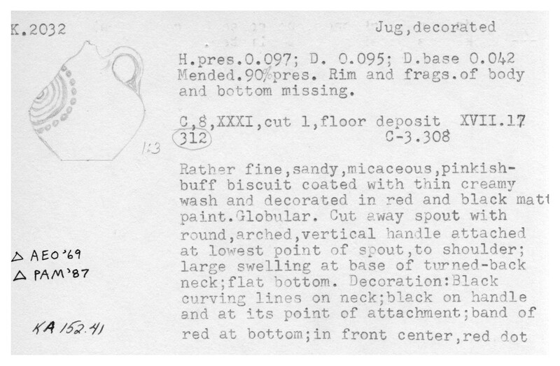 Index card with typed and handwritten information, sometimes including a sketch, of pottery from an excavation.