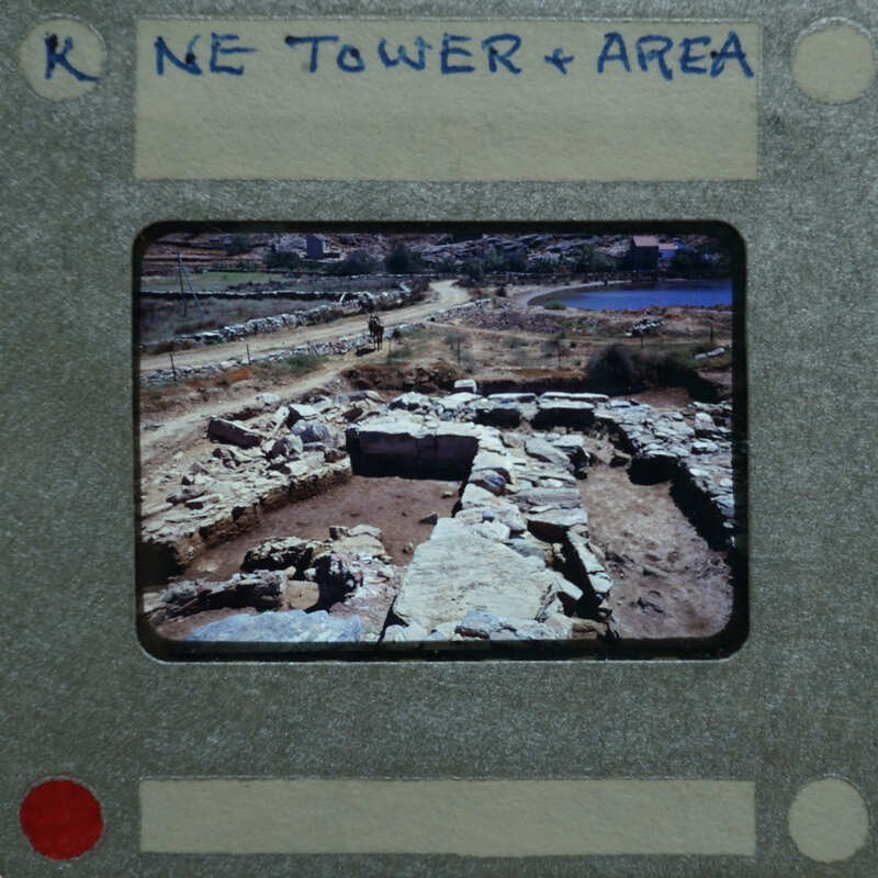 An old photograph of a historical site with ruins and a label indicating it is from the Ne Tower & Area.