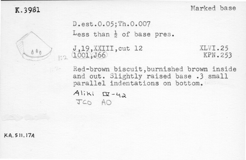 Index card with typed and handwritten information, sometimes including a sketch, of pottery from an excavation.
