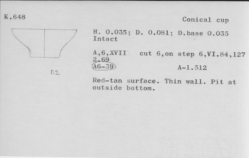Index card with typed and handwritten information, sometimes including a sketch, of pottery from an excavation.