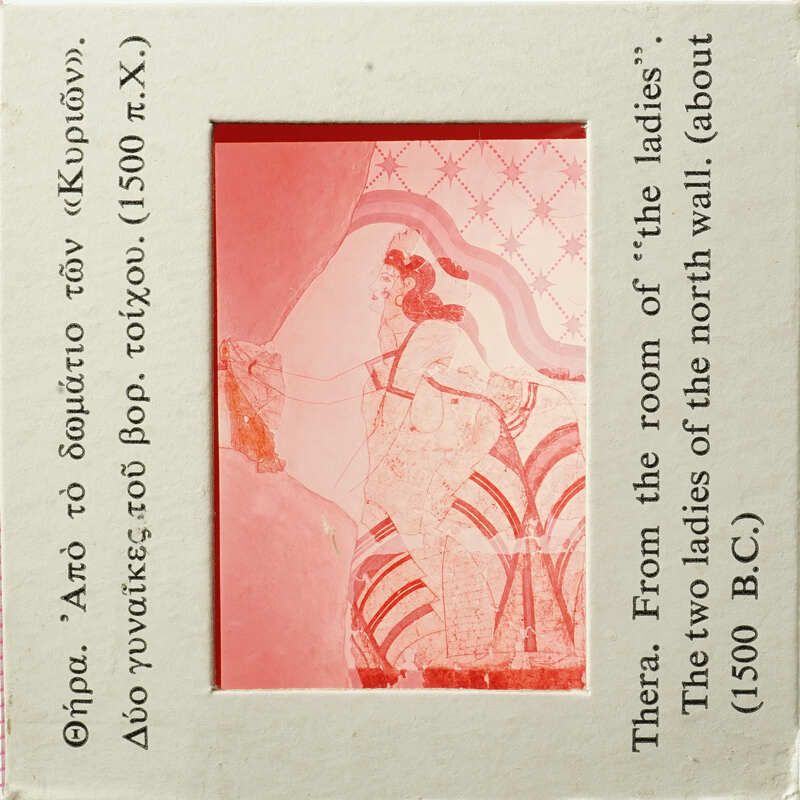 This is an image with text, featuring a red and white illustration of a woman from ancient times, possibly Greek, accompanied by historical context about women in the past.