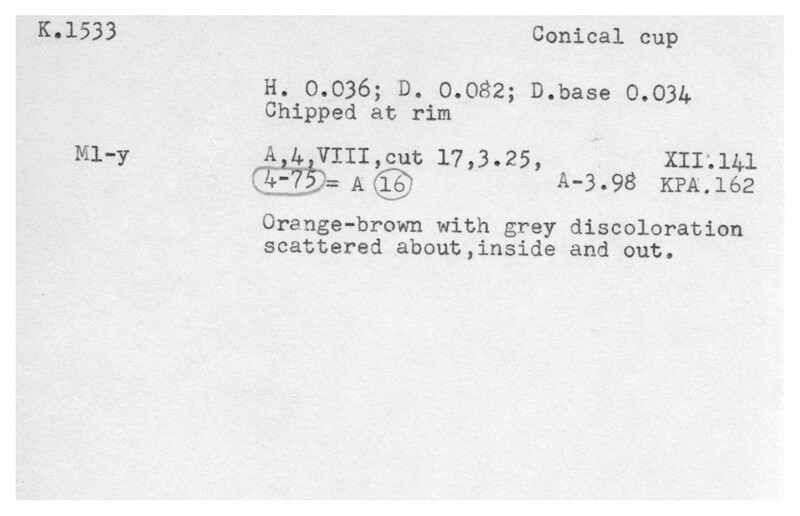 Index card with typed and handwritten information, sometimes including a sketch, of pottery from an excavation.
