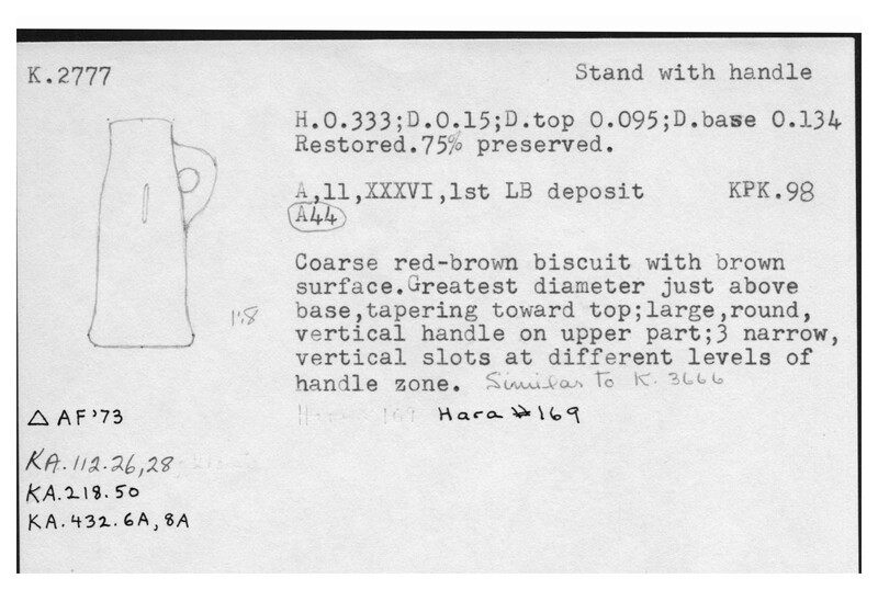 Index card with typed and handwritten information, sometimes including a sketch, of pottery from an excavation.