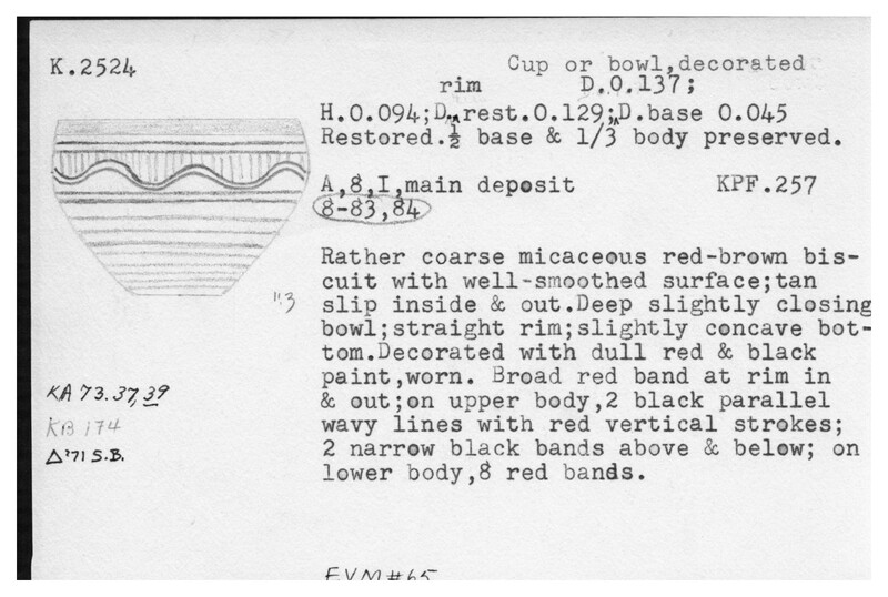 Index card with typed and handwritten information, sometimes including a sketch, of pottery from an excavation.