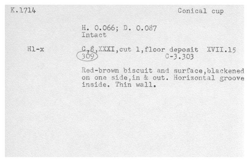Index card with typed and handwritten information, sometimes including a sketch, of pottery from an excavation.