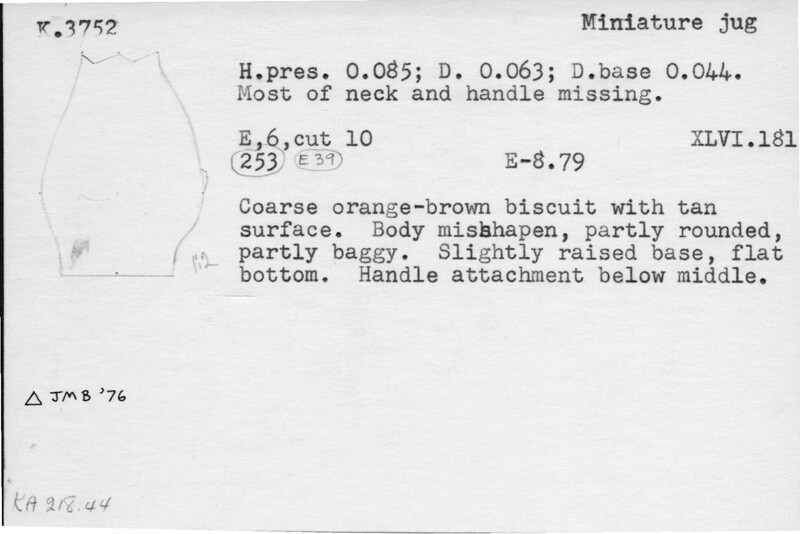 Index card with typed and handwritten information, sometimes including a sketch, of pottery from an excavation.