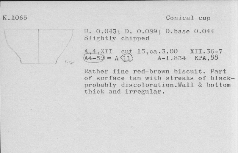 Index card with typed and handwritten information, sometimes including a sketch, of pottery from an excavation.