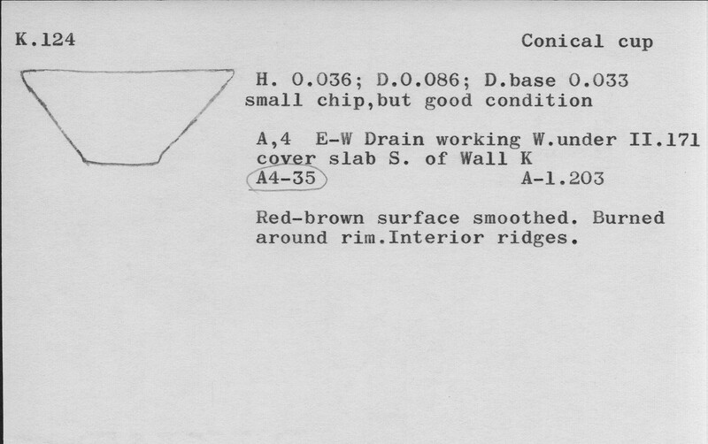 Index card with typed and handwritten information, sometimes including a sketch, of pottery from an excavation.