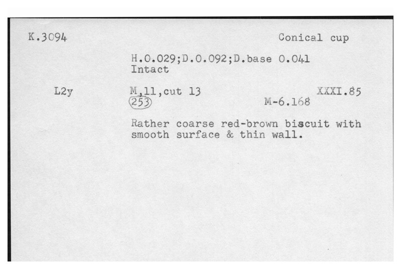 Index card with typed and handwritten information, sometimes including a sketch, of pottery from an excavation.